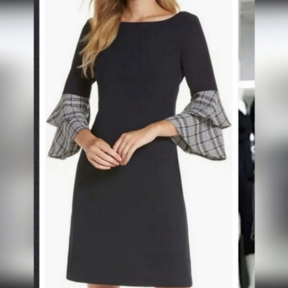 Eliza J Black Sheath Dress with Plaid Layered Bell Sleeves